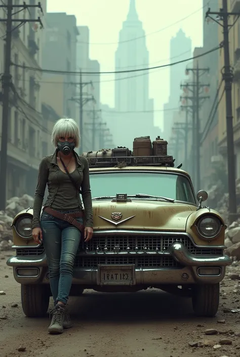 Create a diagonal and faithful full length distant image of a sad and crying 20 year old girl in torn and dirty madmax style clothes, greasy skin, leaning against an old rusty and dirty brown 1955 Cadillac Eldorado with METAL spikes on the hood and all ove...