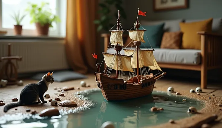 photographier、réel、Un navire de pirate miniature finement ouvragé、bateau pirate、Terre de crâne、modèle、scène miniature échoué dans le salon avec de leau et des déchets et un grand chat