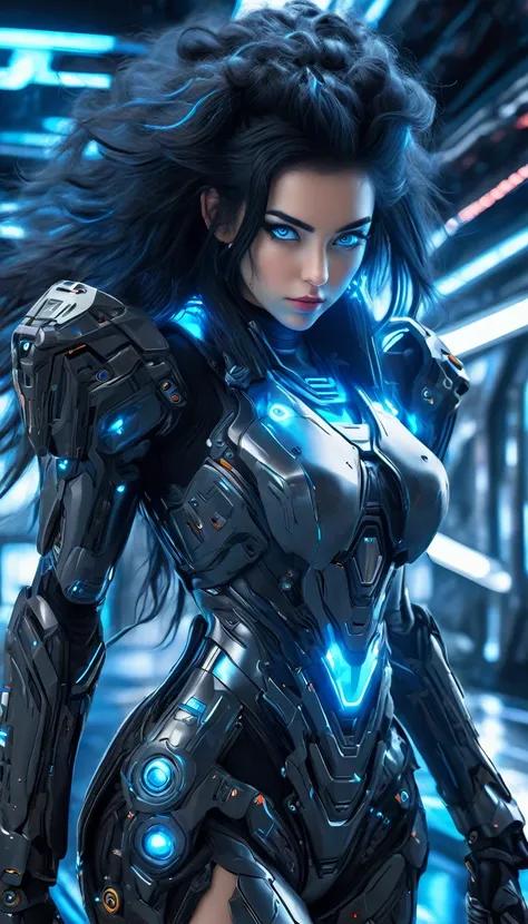 a woman wearing exoskeleton cyber armor, the armor fits snugly、(((she has a plasma gun in her hand))), full body photo, maximum ...