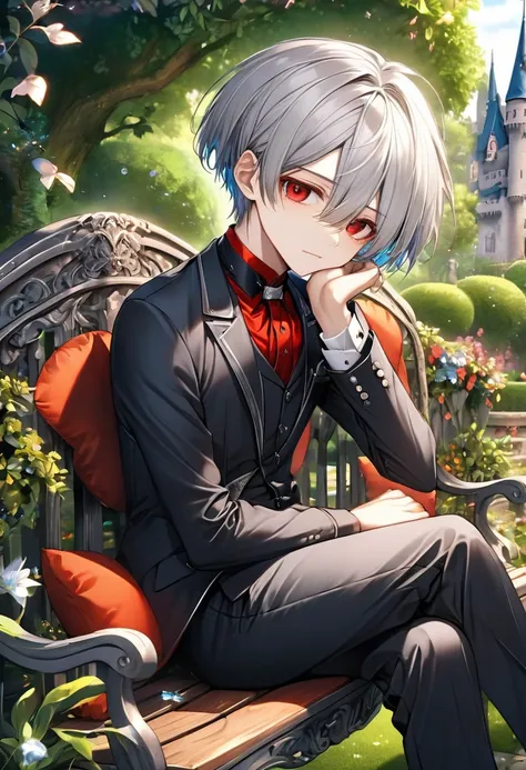 (beautiful and detailed and masterpiece), (sit down on beautiful enchanted bench), solo:2, (beautiful detailed crew cut) (cool silver hair very short hair) (cool boy is 16 yo), (cool red eyes) (gaunt and tired face), break, in a butler suit, in the castle ...