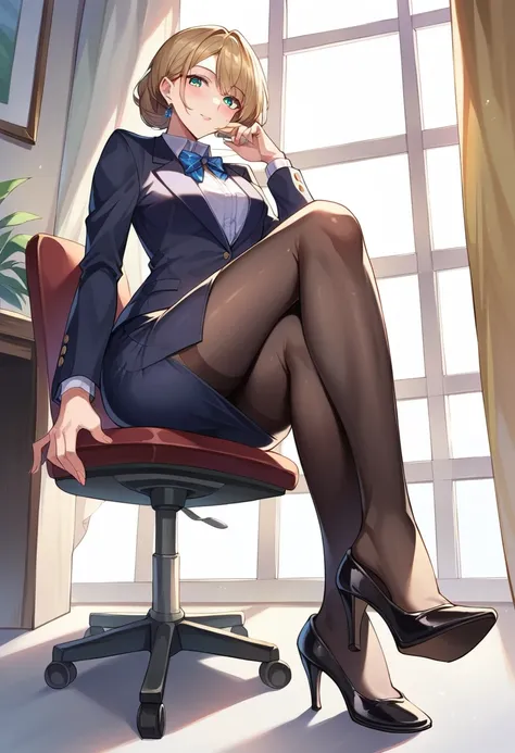 ((Best Quality)), ((masterpiece)), (be familiar with) Perfect Face、Mature beautiful woman、Sitting in a chair、The whole body, even the toes, See the audience at your feet、Looking down、Office Style、business suit、Black jacket、White open shirt、Black knee-lengt...