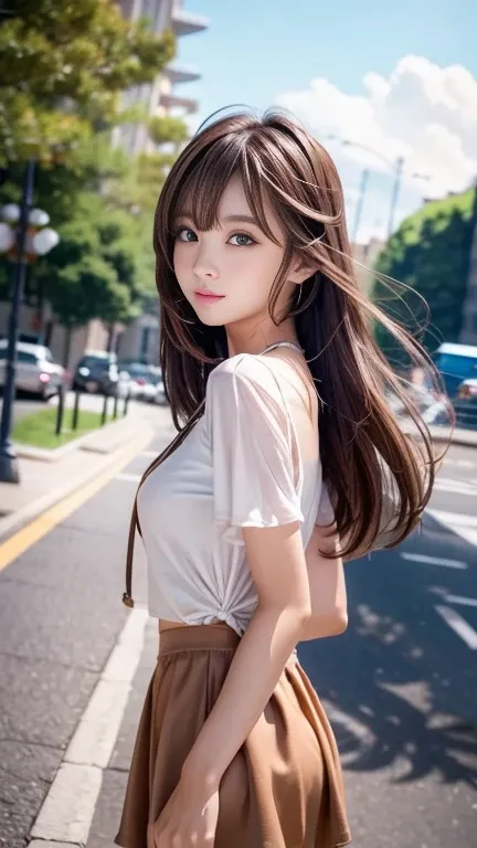 Sexy Big 、セクシーなかわいいルックスとかわいいbeautiful女の子、Beautiful and sexy face、A strong wind blows my hair in front of my face、Straight brown hair、beautiful、Cute and sexy eyes hidden behind long bangs、Micro Mini Skirt