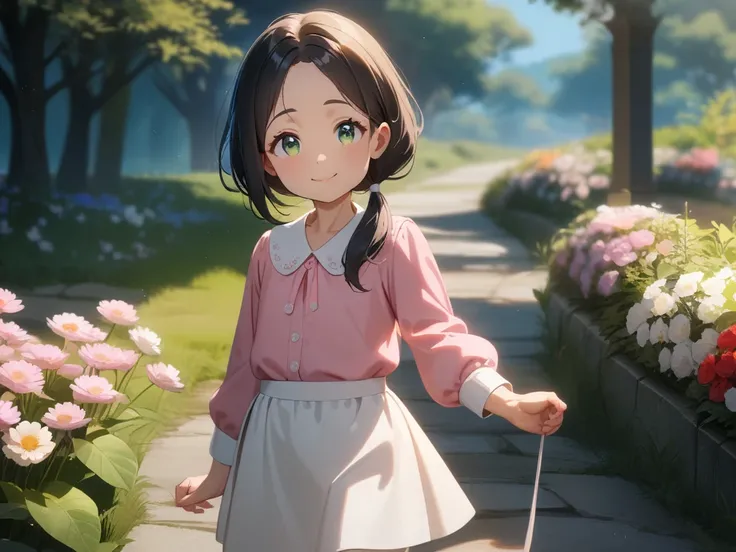  masterpiece, best quality, very aesthetic, absurdres, detailed background, perfect anatomy,  a child with black hair walks in a pathway with flowers in the background, anime style, long shot, looking at viewer, outdoors, realistic lighting, BREAK 1child, ...