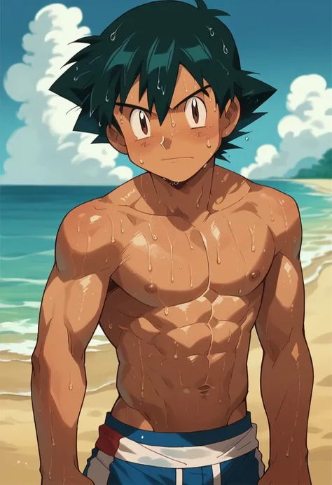 1boy, 1solo, ash ketchum, black hair, brown eyes, hair between eyes, ash ketchum, on beach, shirtless, male swimwear, wet hair, ...