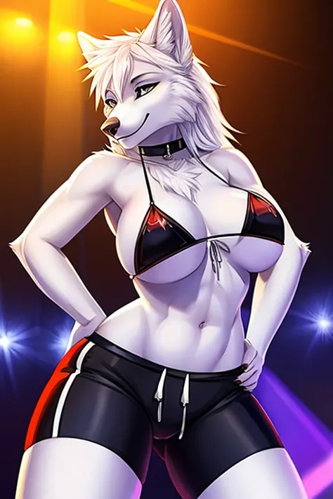 White Wolf stripper bikini wearing short, tight shorts grabbing the tits