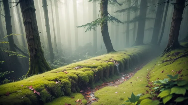 "Design an enchanting misty forest scene, where towering trees with thick, moss-covered trunks rise from the forest floor. The scene is filled with dense, ethereal fog that weaves through the trees, creating a soft, dreamlike atmosphere. Sunbeams filter th...