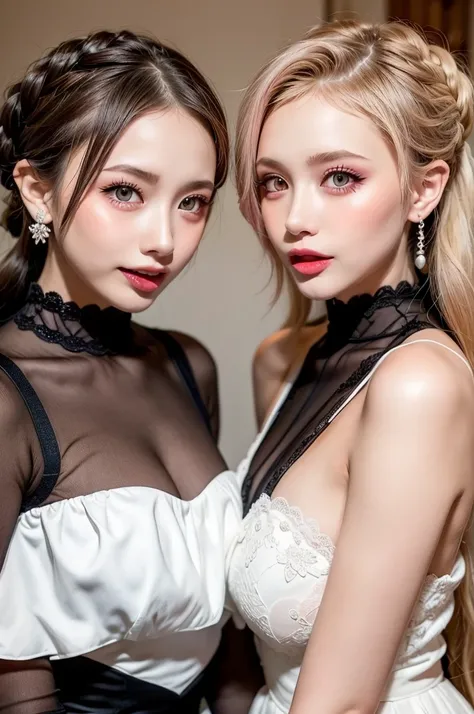  (2 beautiful girls:1.2), one on the left, the other on the right, facing each other, (sticking out long tongue:1.3), ((Highest quality)), ((masterpiece)), (detailed), (french braid blonde), romantic low bun, elbow gloves, (Gothic and lolita:1.1), small br...