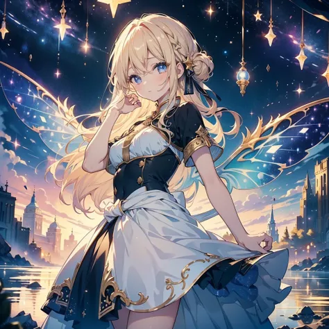 1girl,(((Best Quality、Masterpiece、The best composition、Super detailed、Perfect Anatomy、Full HD、High definition)))、The cutest fairy in the world、Fairy wings growing from her waist、star、star空、流star群、starのシャンデリア、Best lighting、Soft lighting、Detailed perfect fac...