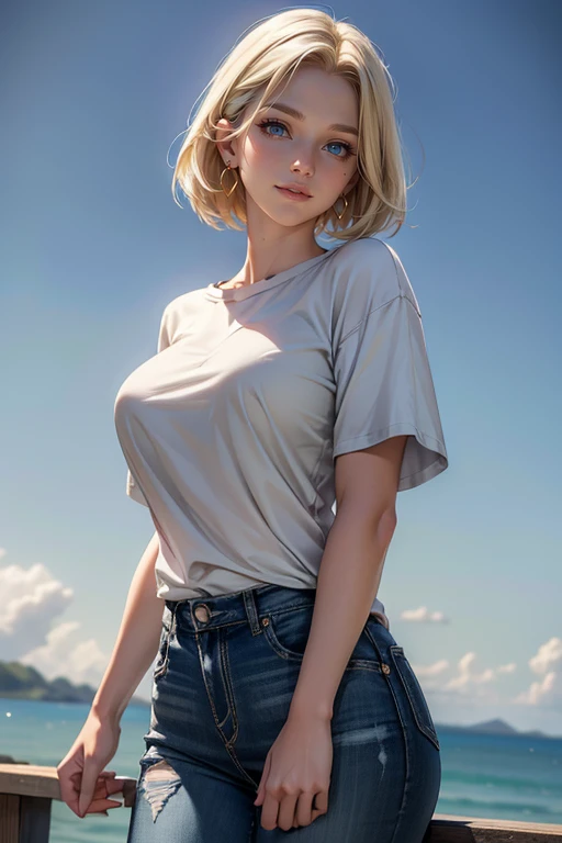 ((masterpiece)), (((best quality))), 1 female, pale white skin, blonde hair, medium hair, bob hair style, beautiful woman, blue eyes, sweet smile, simple earrings, casual clothing, t-shirt, jeans, big breasts, full body view, detailed face, highest quality...