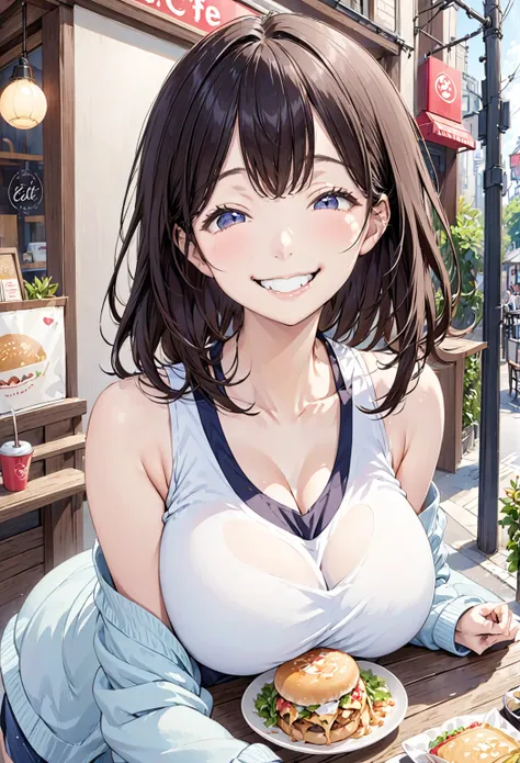 tank top cardigan、thin、smile、cute、One Woman、Large Breasts、Eat lunch at a cafe、A big smile、Put food in your mouth、