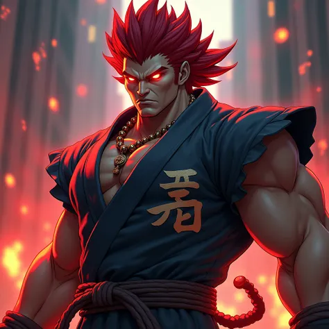 “Depict Akuma from Street Fighter for a Nintendo Switch game cover. Akuma has dark red hair, a dark skin tone, and glowing red eyes with black sclera. He wears prayer beads around his neck and a dark gray karate gi, with a piece of twine around his waist i...