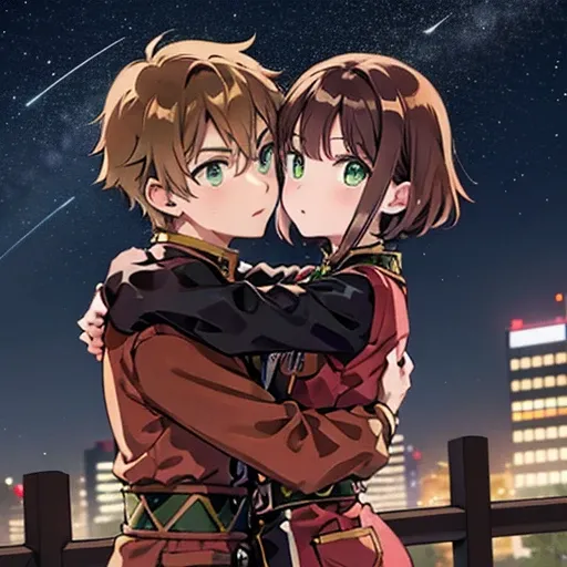 a girl with green eyes, short brown hair , red blouse with long sleeves, googles her hair, affectionately hugging a boy with sho...