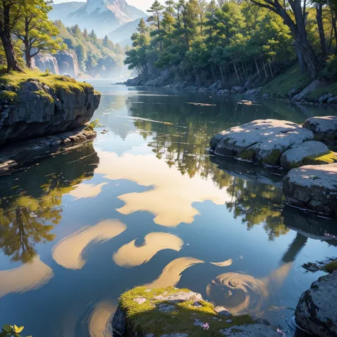 Chaotic rapids in a tranquil and beautiful landscape】, Ray tracing, meticulous reflections, complex, high detail, Dramatic, Best quality masterpiece, Realistic, meticulous, 【8k, [Hall, Backlight, Bloom, light shining, Chromatic Aberration, sharp focus