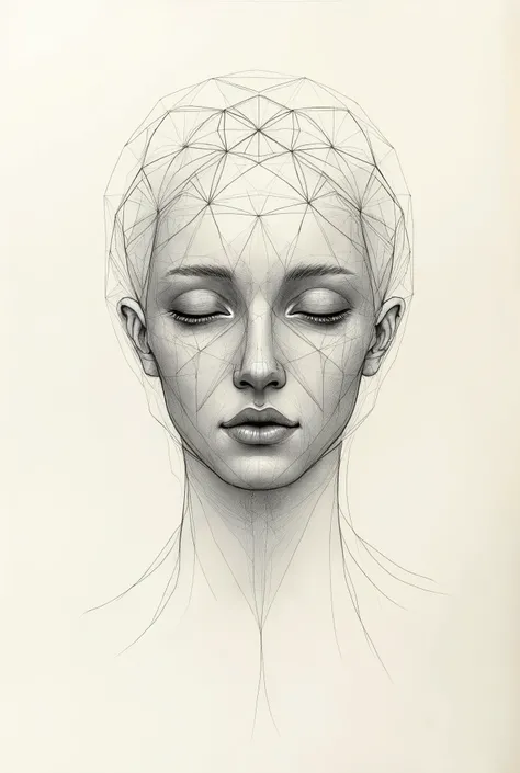 A delicate graphite and watercolor sketch unfolds on a textured wet paper (1.2). Intricate intersecting lines, like fine wrinkles, converge to form a subtle facial structure. Simple, muted tones dominate the background, allowing the geometric patterns to t...