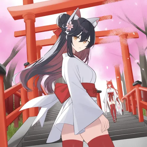 ((masterpiece,best quality)),outdoors, red torii, tree,  stairs,, 2girls, miko,miko, looking at viewer, looking back,, red legwear, red ribbon, black hair,cherry blossoms, day, flower, hair bun, hair ribbon, japanese clothes, kimono, long hair, cat ears, s...