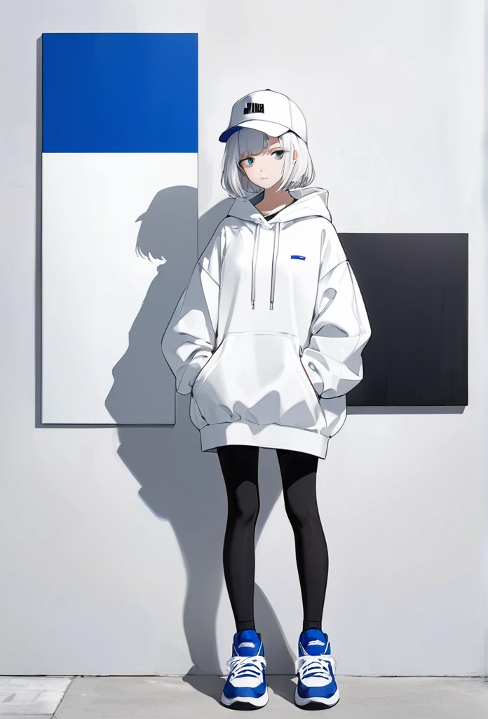 Suprematist portrait of a girl、The girl has short white hair、White hoodie、White Hat、Blue sneakers、Standing in front of a white wall