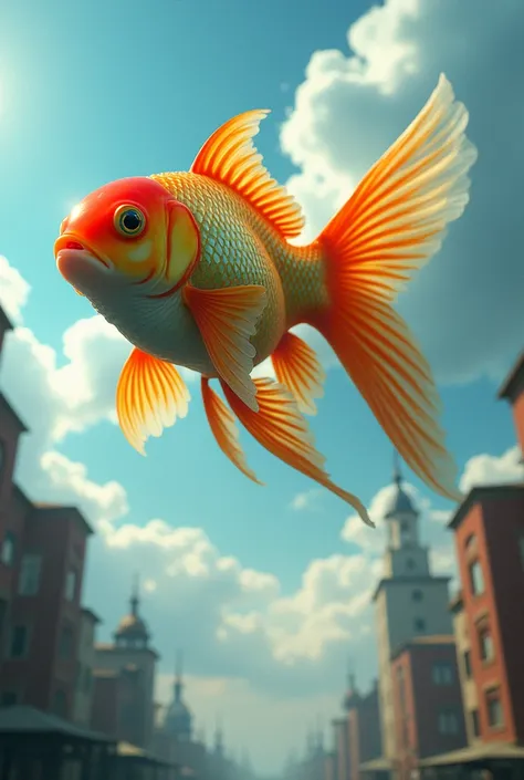 Mysterious Photos, A giant goldfish gracefully flies above the buildings, Demekin, Flying as if swimming through the blue sky, View from below