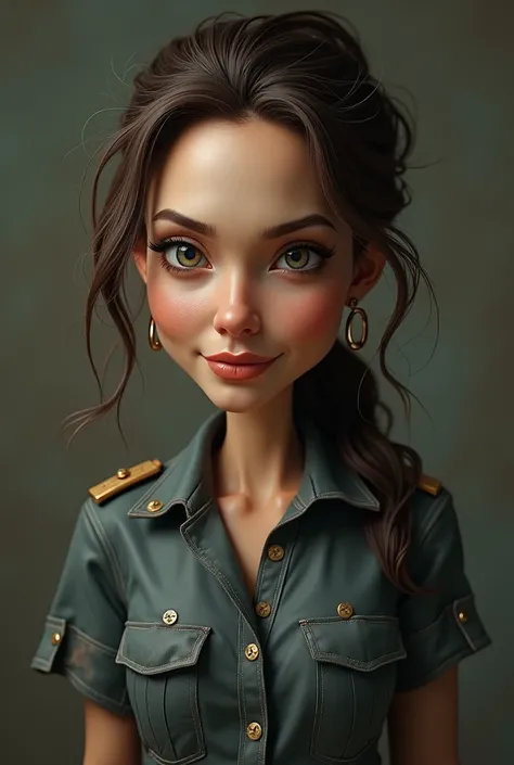 stunning detailed full body portrait of angelina jolie, 3d render, caricature, wearing  worn  sexy  officer outfit,smilling , intricate facial features, intense eyes, plump lips, delicate skin texture, messy disheveled hair, slippers ,gritty worn clothing,...