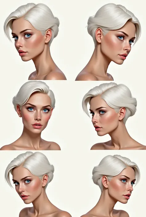 Platinum blonde woman、Has blue eyes、Create multiple expressions with short hair。 (Realistic drawing style) 