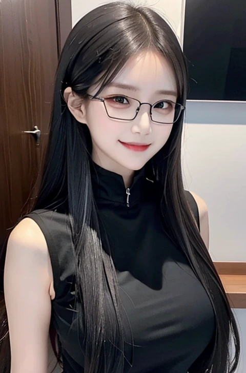 A woman smile,black t-shirt suit black, office suit, long hair ponytail, high detailed, realistic, ultra realistic, ((smart glasses eyes and smile)) 