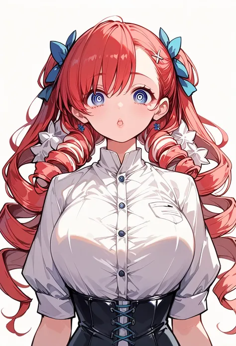 (Highest quality:1.24, Very detailed, Delicate and beautiful CG art, Detailed illustrations, Attention to detail, masterpiece:1.2, Highest quality, Best aesthetics), (((1 person))), (Tomoe Mama, White shirt with big breasts bulging and popping buttons open...