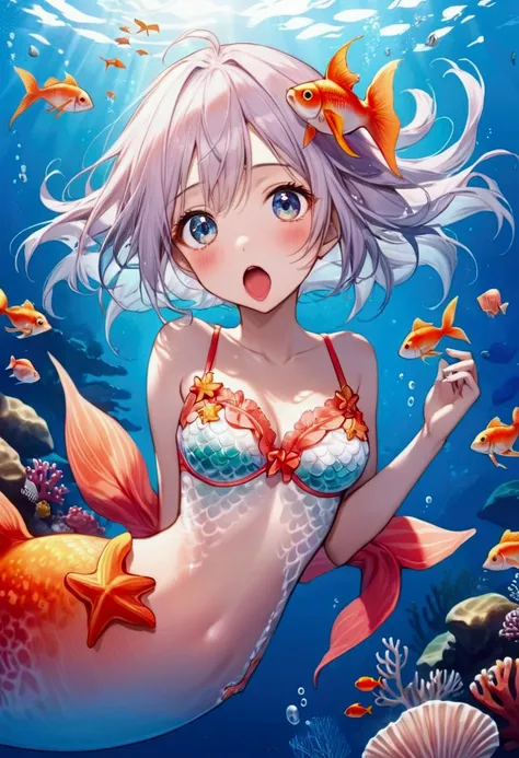 cute yuan. age 25, is a goldfish themed mermaid, she has a bra made of starfish, underwater beauty, overly large eyes, mouth wide open (huge mouth), coral reef
