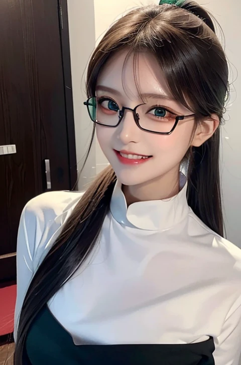 A woman smile, dark green t-shirt suit black, office suit, long hair ponytail ,((ponytail)), brown hair color, high detailed, realistic, ultra realistic, ((smart glasses eyes and smile)) 