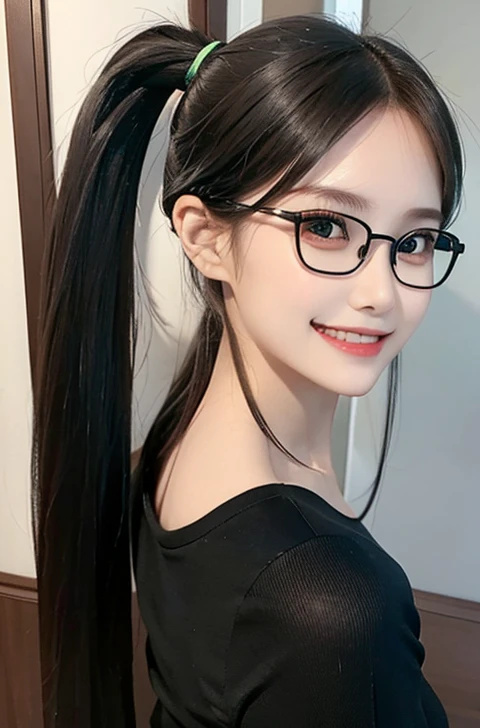 A woman smile, dark green t-shirt suit black, office suit, long hair ponytail ,((ponytail)), brown hair color, high detailed, realistic, ultra realistic, ((smart glasses eyes and smile)) 