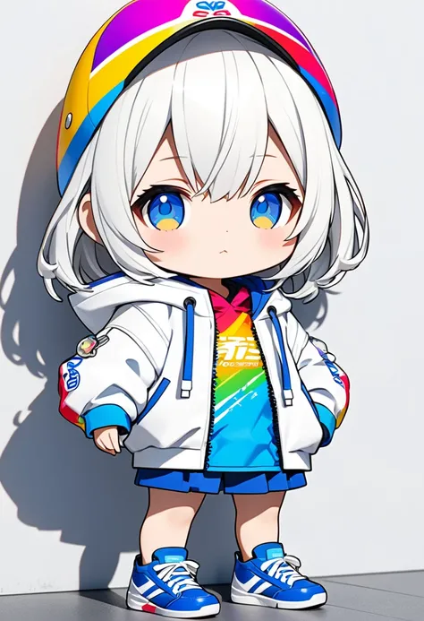 シュプレマティスム調の一人のSuper Chibi Styleの女の子のシュール
な8kオクタン.(Super Chibi Style:1.5)、The girl has short white hair、White hoodie、White Hat、Blue sneakers、Standing in front of a white wall、Vivid Color、High quality Octane rendering、