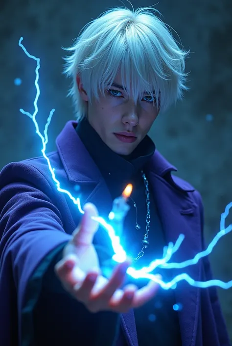 1boy, aura, biribiri, black_background, blue_eyes, blue_fire, blurry, cigarette, coat, crystal, electricity, energy, glowing, glowing_eye, hair_between_eyes, high_collar, holding, holding_cigarette, lightning, long_sleeves, looking_at_viewer, magic, male_f...