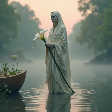 The image depicts a surreal and mystical scene featuring a humanoid figure standing in shallow water. The figure is dressed in flowing, tattered robes that merge with the environment, appearing almost organic. Holding in his hand is a white calla lily flow...