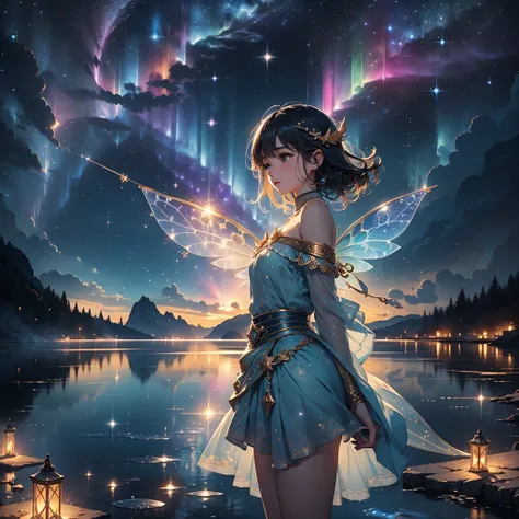 1girl,Aurora God々New light source、(((Best Quality、Masterpiece、The best composition、Super detailed、Perfect Anatomy、Full HD、High definition)))、The cutest fairy in the world、Fairy wings growing from her waist、star、star空、流star群、starのシャンデリア、Best lighting、Soft l...