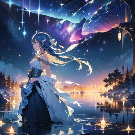 1girl,Aurora God々New light source、(((Best Quality、Masterpiece、The best composition、Super detailed、Perfect Anatomy、Full HD、High definition)))、The cutest fairy in the world、Fairy wings growing from her waist、star、star空、流star群、starのシャンデリア、Best lighting、Soft l...