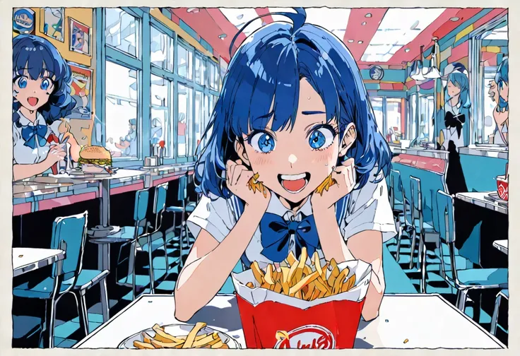 (((beautiful detailed)))(cute face:1.2)1girl, A girl stuffing her face with french fries, Girl laughing while eating a pile of french fries, Inside a 1950s-style diner, 1950s-style interior, Navy blue hair, blue eyes, A short-sleeved white shirt with four ...