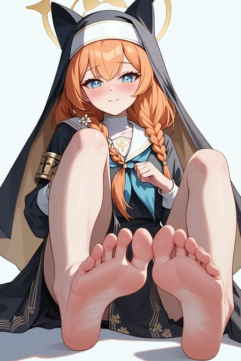 score_9,score_8_up,score_7_up,score_6_up, source anime,masterpiece,best quality,ultra detailed eyes BREAK 1girl,mari (blue archive),animal ear headwear,nun,feet,orange hair,solo,blue eyes,halo,barefoot,habit,toes,soles,long hair,braid,neckerchief,sailor co...