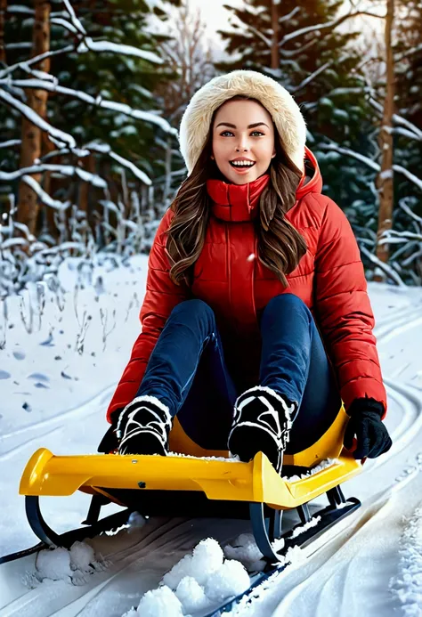 Generate a realistic photo of a young woman in the snow on a sled