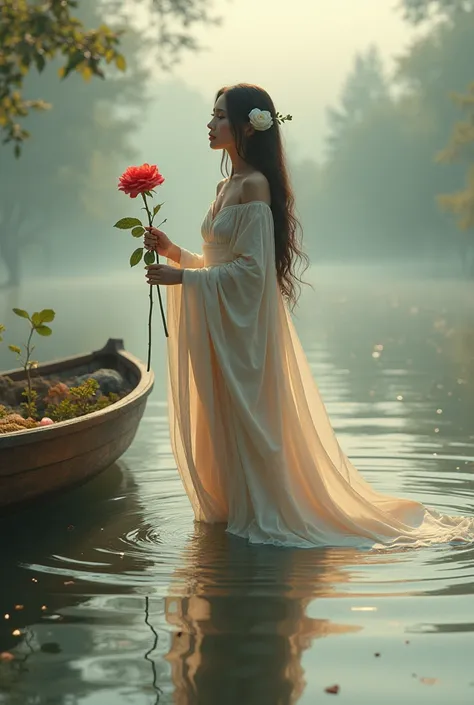 The image depicts a surreal and mystical scene featuring a female figure with long flowing hair, she is standing in shallow water. The figure is dressed in a flowing, very translucent see-through robe which shows her body, and is blowing in a breeze, that ...