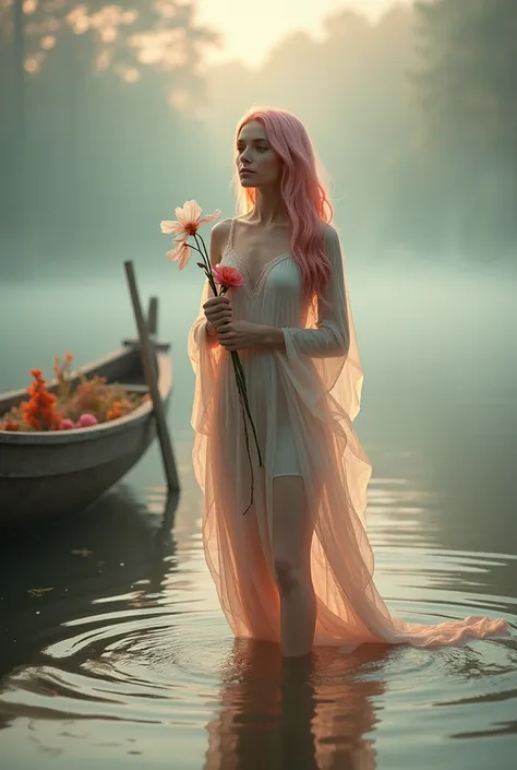 The image depicts a surreal and mystical scene featuring a female figure with long flowing strawberry blonde streaked colour  hair, she is standing in shallow water. The figure is dressed in a flowing, very translucent see-through robe which displays her b...