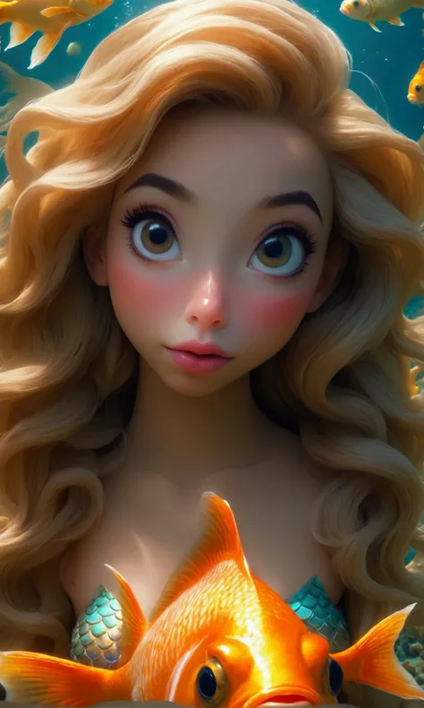 a cute goldfish mermaid with a starfish bra, golden scales, golden hair, underwater ocean scene with coral reef, large eyes, wide open mouth, 1girl, detailed face, overly large beautiful detailed eyes, beautiful detailed lips, extremely detailed eyes and f...