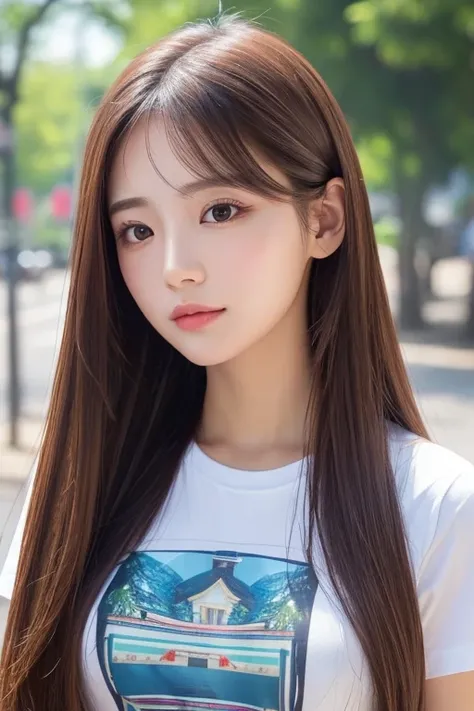 ((Best Quality)), ((masterpiece)), (detailed), One girl, Ｔshirt, Upper body close-up、Straight beautiful hair、Semi-long hair、Smooth Hair、Close-up above the neck、A photo showing the top of your head