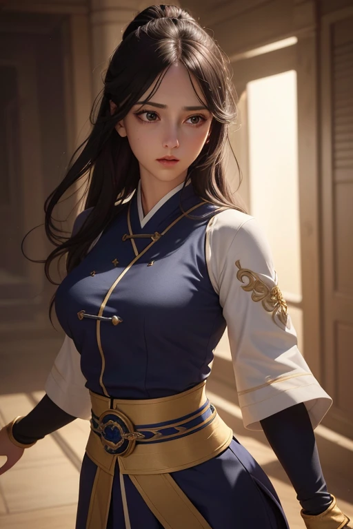 a beautiful girl with navy blue long hime-style hair reaching her waist, gray eyes of the hyuga clan, clear complexion, round face, gray wuxia-style battle uniform, large bust, wide hips, looking directly at viewer, detailed face, detailed eyes, detailed l...