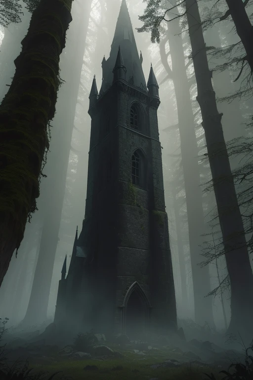 a medieval stone tower in the middle of a dense forest, highly detailed, cinematic, gothic art style, expressive and masterful digital art, realistic lighting, dramatic atmosphere, moody colors, intricate architectural details, moss-covered walls, towering...