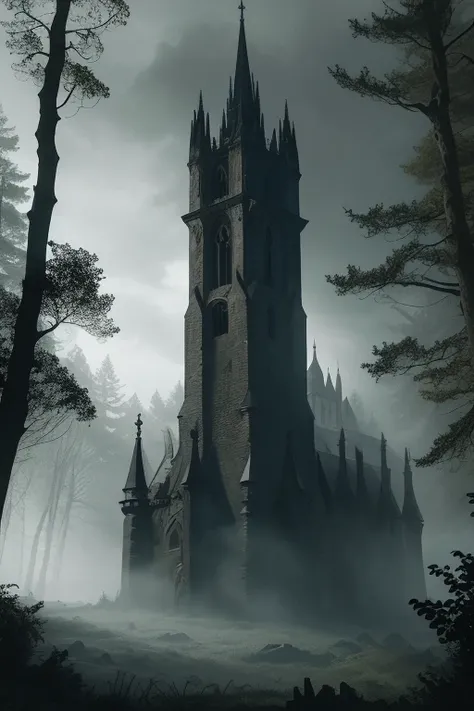 a medieval stone tower in the middle of a dense forest, highly detailed, cinematic, gothic art style, expressive and masterful digital art, realistic lighting, dramatic atmosphere, moody colors, intricate architectural details, moss-covered walls, towering...