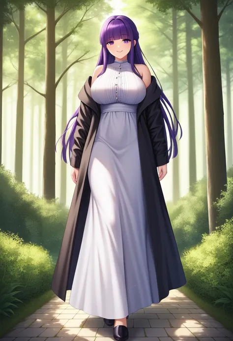 (masterpiece), (Best quality), (Very detailed), (high resolution), (8Khighres), (cel anime), (detailed beautiful face and eyes), (textile shading), (full body), forest, fern (sousou no frieren), large breasts, long hair, purple hair, half updo, blunt bangs...