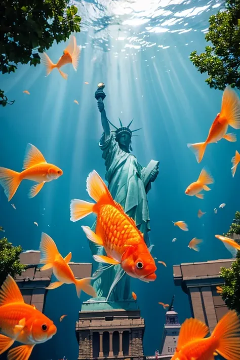 Goldfish swimming above the Statue of Liberty