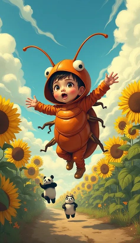 There is a child wearing a cockroach costume.,There is a panda..,There is a cat..,Sunflower background,,All are blown away by the storm,Anime 