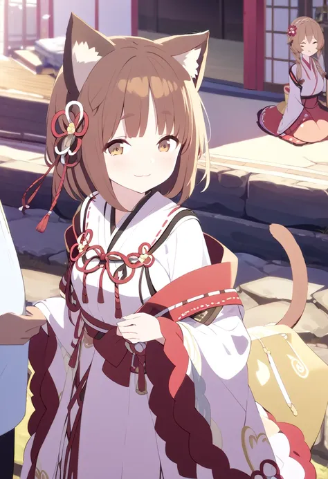 Please be careful when viewing、masterpiece、One 、Shrine maiden costume、shrine、Cat ears and tail、Cute single tusk、Very small breasts、Brown Hair、An innocent smile、One fat man、Man and woman talking、Vision、A view that allows you to see the whole body