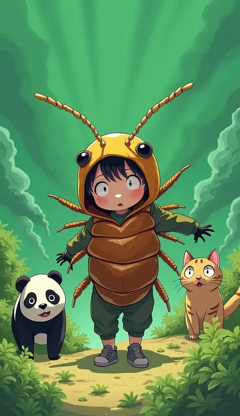 There is a child wearing a cockroach costume.,There is a panda..,There is a cat..,Green background,,All are blown away by the storm,Anime 