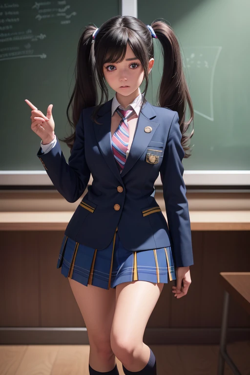 1 girl, beautiful long dark hair, twin tails, blue blazer uniform, necktie, tight skirt, knee-high socks, standing in anatomy cl...