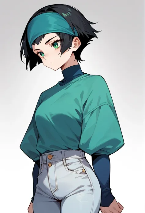 A woman, black hair, short hair, green eyes, blue headband, white long sleeved blouse (blue sleeves), jeans,